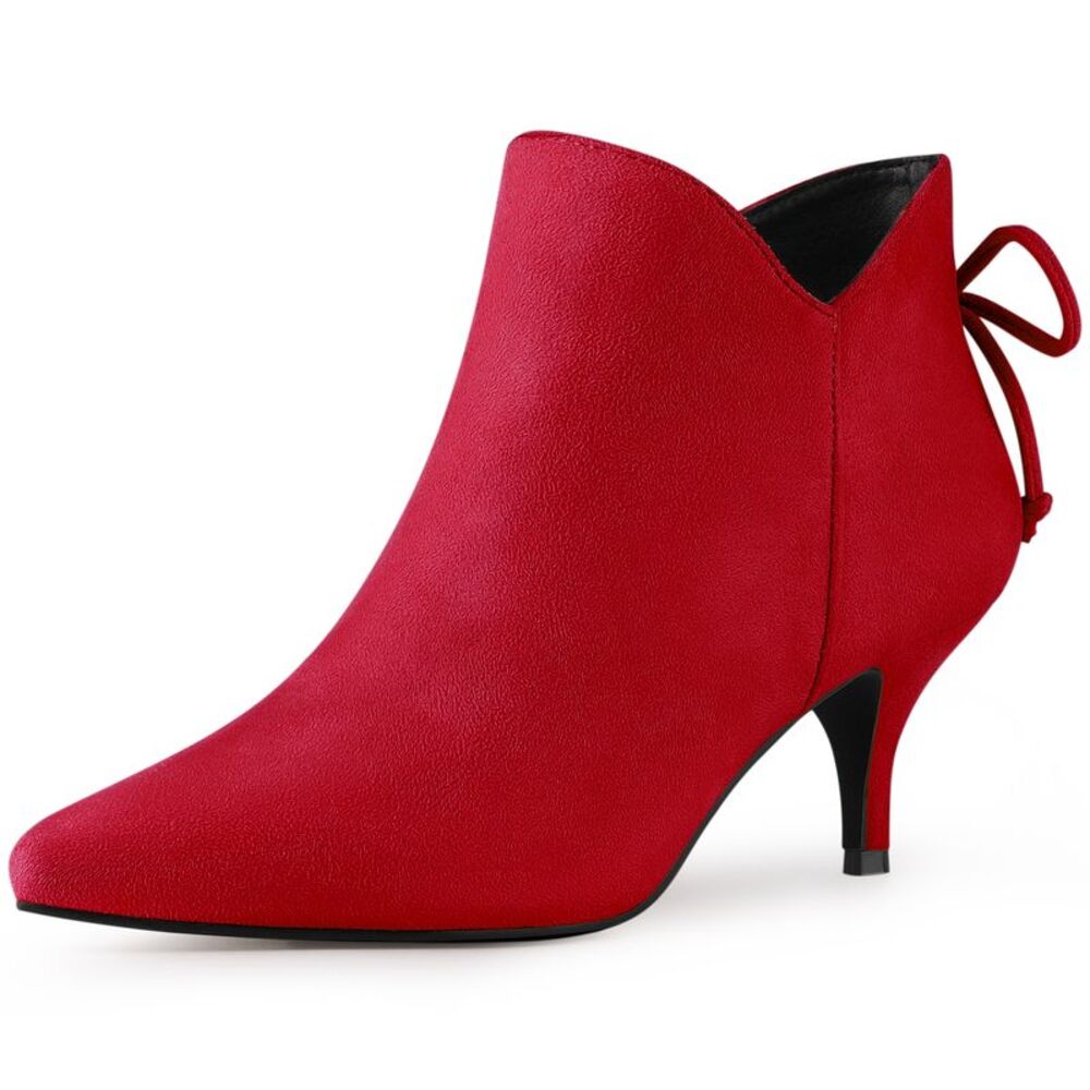 Pointed Toe Bow Zip Kitten Heel Ankle Booties Red